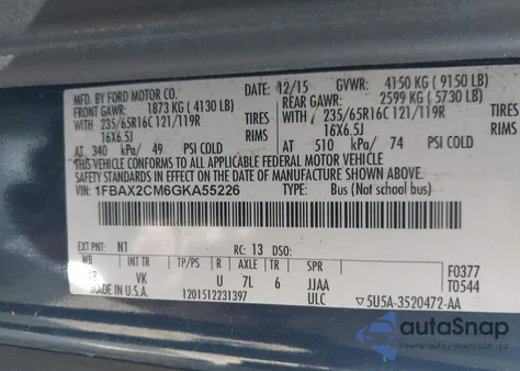 2016 Ford Transit-350 Xl z USA, uszkodzony, nr VIN 1FBAX2CM6GKA55226